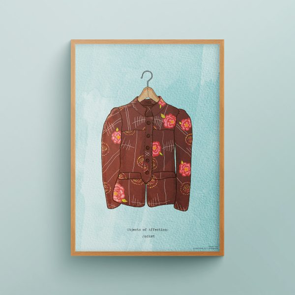 "Objects of Affection: the Jacket" art print in wooden frame
