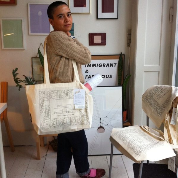 Totebag featuring "the Blox" in Copenhagen shown in use