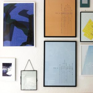 Artwall with prints "glitched layers", "this is nørrebro", "this is vesterbro", and some originals