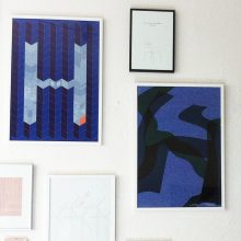 Artwall with prints "patchwork", "glitched layers", "prags chair", "windmills in Copenhagen"