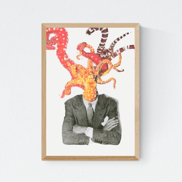 "Hovedløse" collage by Mahmud Sahan in oak frame