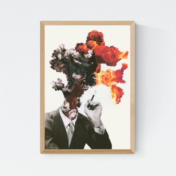 "Hovedløse" collage by Mahmud Sahan in oak frame