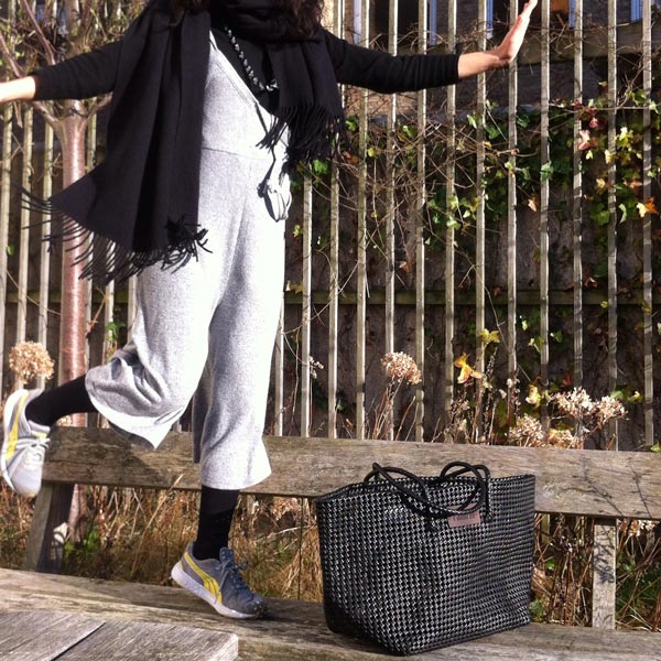 Shop-RainTree-Family-Bag-FairTrade-Handmade-Recycled-Black-1-Hamide Black RainTree bag in use