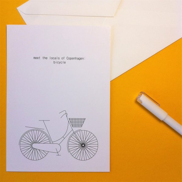Postcard featuring a minimalist illustration of a common bicycle form in Copenhagen
