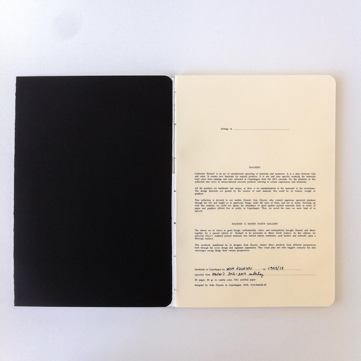Collaborations-Hacked-Mater-Earth-Gallery-Notebook-Inner-Cover-Hamide-Design-Studio Introduction page of the "Hacked!" notebooks for Mater Earth Gallery