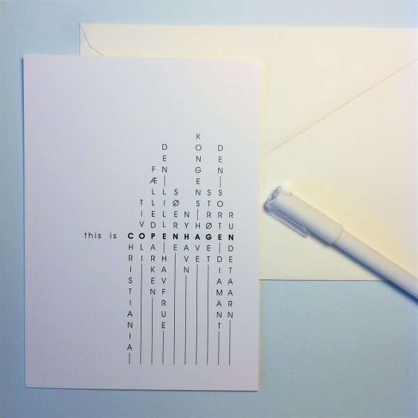 Copenhagen postcard featuring locations in the city in a puzzle like organization
