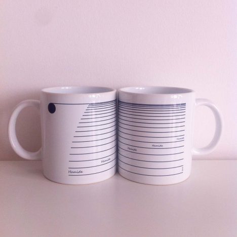 Two pieces of 7th year coffee mugs facing each other