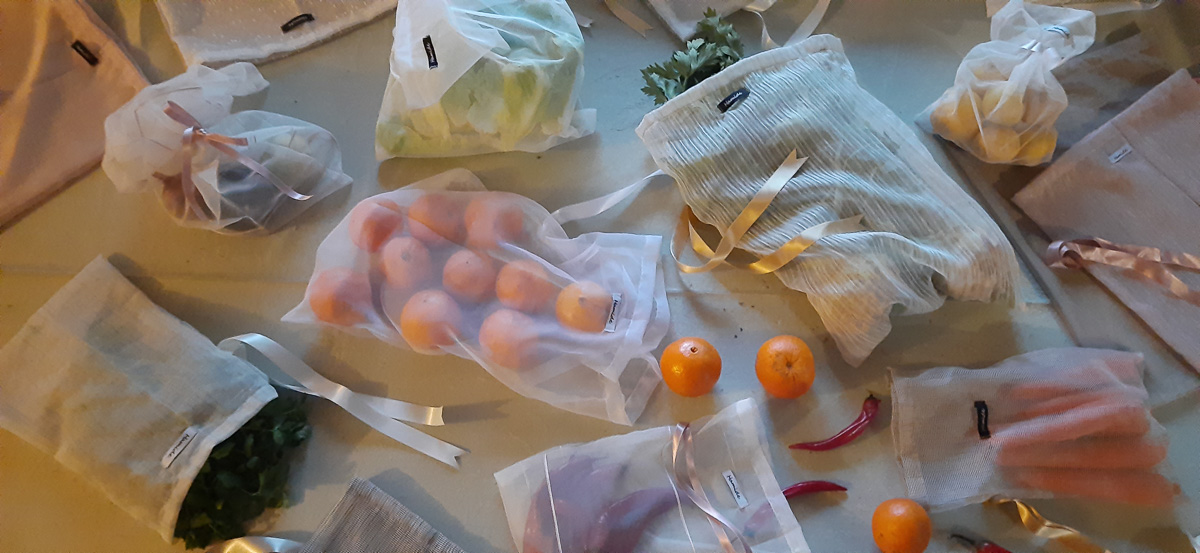 Collections-Originals-Tulle-Sacs-Editorial-Hamide-Design-Studio Hamide Originals Tulle Sacs spread containing fruit and vegetables