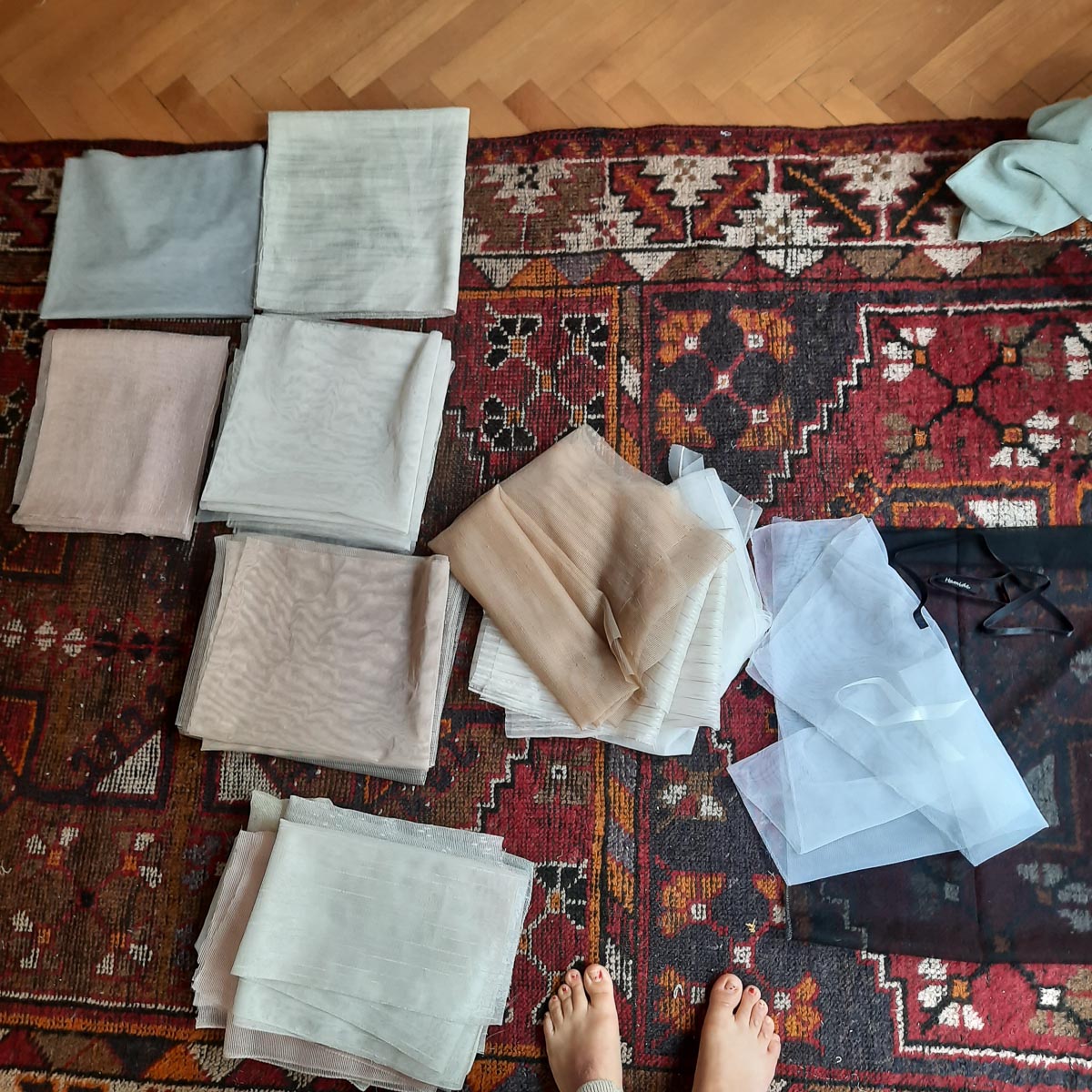 Collections-Originals-Tulle-Sacs-Process-Sorting-Fabric-Hamide-Design-Studio Fabric sorting process of Hamide Originals Tulle Sacs