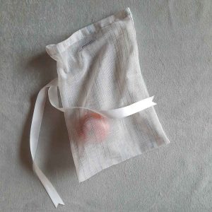 Medium reusable tulle sac in white with blue stripes for shopping groceries