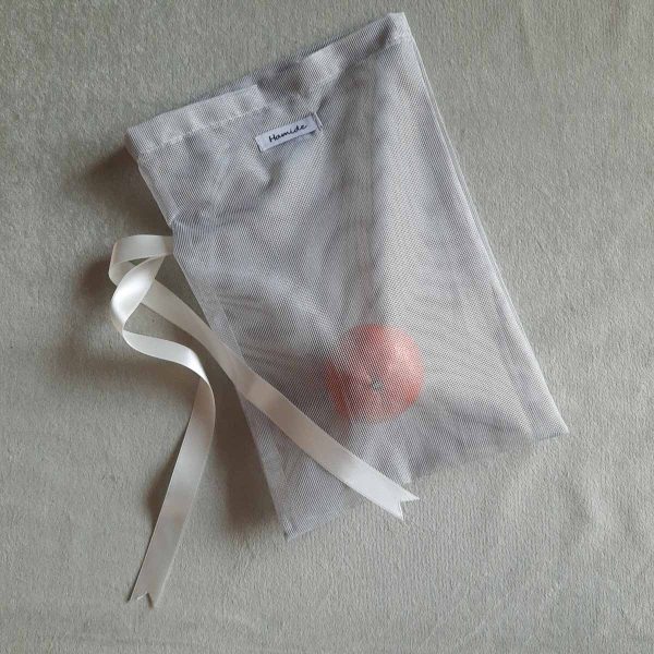 Medium reusable tulle sac in dusty blue for shopping groceries