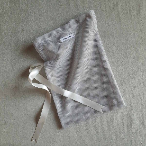 Medium reusable tulle sac in dusty blue for shopping groceries